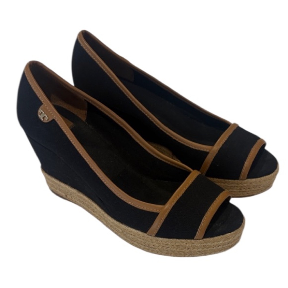 Tory Burch Black Royal Majorca espadrilles peep toe Wedge Shoes size 39